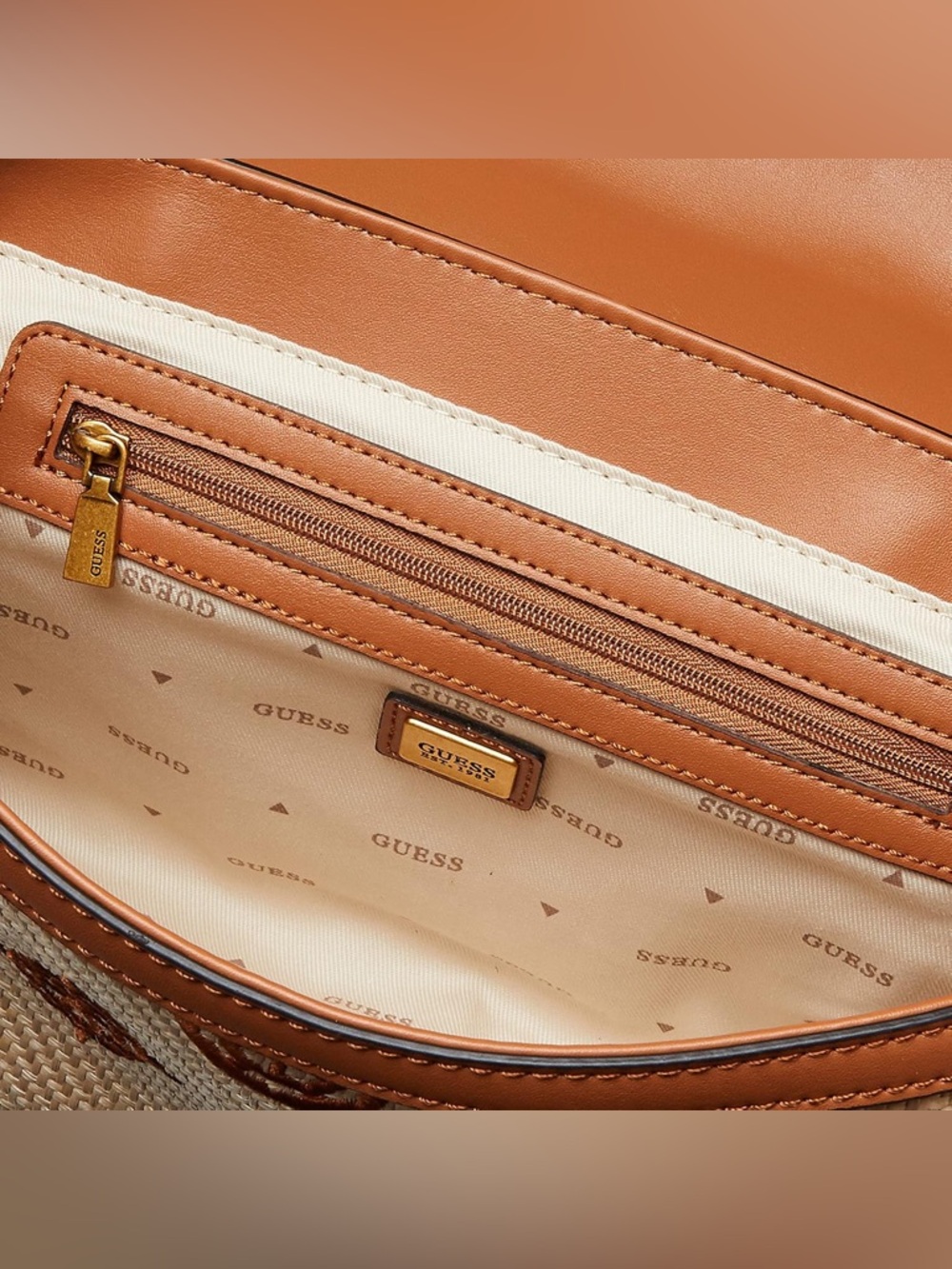 GUESS Katey Flap Shoulder Bag Natural/Cognac - Picture 4 of 7